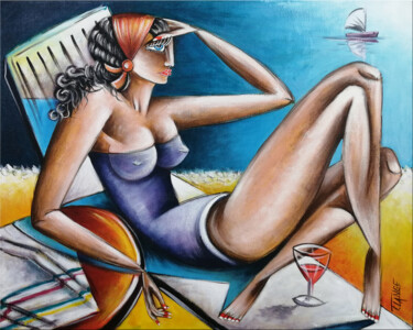 Painting titled "Woman Chillout #M180" by Thomas Lange, Original Artwork, Oil Mounted on Wood Stretcher frame