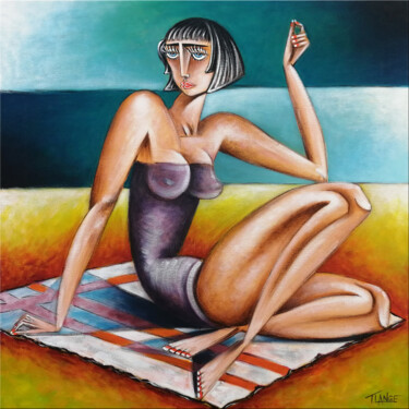Painting titled "Woman Chillout #M181" by Thomas Lange, Original Artwork, Oil Mounted on Wood Stretcher frame