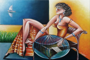 Painting titled "Woman Chillout #M187" by Thomas Lange, Original Artwork, Oil Mounted on Wood Stretcher frame