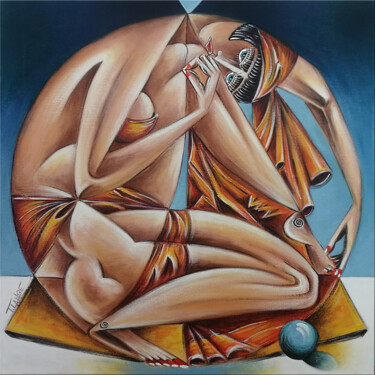 Painting titled "Woman Chillout #M190" by Thomas Lange, Original Artwork, Oil Mounted on Wood Stretcher frame