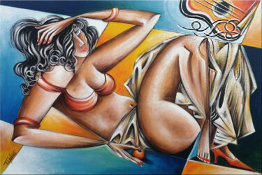 Painting titled "Woman Chillout #M193" by Thomas Lange, Original Artwork, Oil Mounted on Wood Stretcher frame