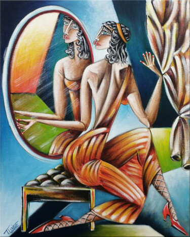 Painting titled "Woman Chillout #M194" by Thomas Lange, Original Artwork, Oil Mounted on Wood Stretcher frame