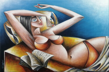 Painting titled "Woman Chillout #M196" by Thomas Lange, Original Artwork, Oil Mounted on Wood Stretcher frame
