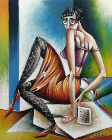 Painting titled "Woman Chillout #M197" by Thomas Lange, Original Artwork, Oil Mounted on Wood Stretcher frame