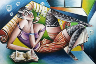 Painting titled "Woman Chillout #M198" by Thomas Lange, Original Artwork, Oil Mounted on Wood Stretcher frame