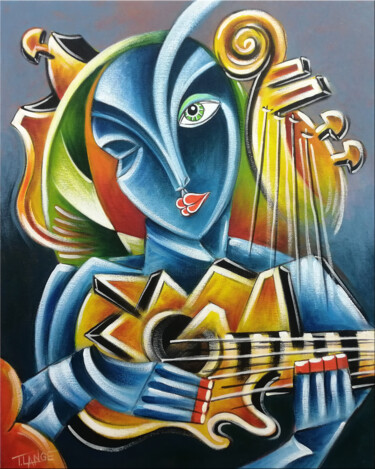 Painting titled "Guitarist Woman #M1…" by Thomas Lange, Original Artwork, Oil Mounted on Wood Stretcher frame