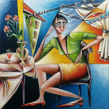 Painting titled "Woman Chillout #M200" by Thomas Lange, Original Artwork, Oil Mounted on Wood Stretcher frame