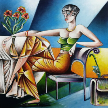 Painting titled "Woman Chillout #M201" by Thomas Lange, Original Artwork, Oil Mounted on Wood Stretcher frame