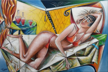 Painting titled "Woman Chillout #M202" by Thomas Lange, Original Artwork, Oil Mounted on Wood Stretcher frame
