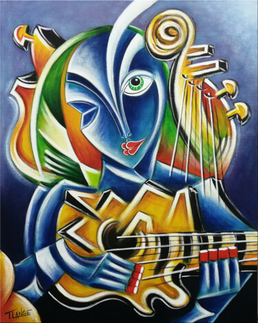 Картина под названием "Guitarist Woman #M2…" - Thomas Lange, Подлинное произведение искусства, Масло Установлен на Деревянна…