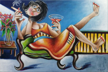 Painting titled "Woman Chillout #M210" by Thomas Lange, Original Artwork, Oil Mounted on Wood Stretcher frame