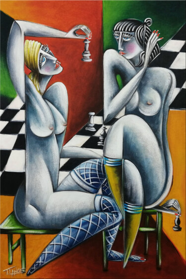 Painting titled "Women Chillout #M217" by Thomas Lange, Original Artwork, Oil Mounted on Wood Stretcher frame