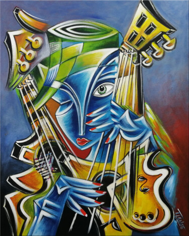 Schilderij getiteld "Guitarist Woman #M2…" door Thomas Lange, Origineel Kunstwerk, Olie Gemonteerd op Frame voor houten bran…