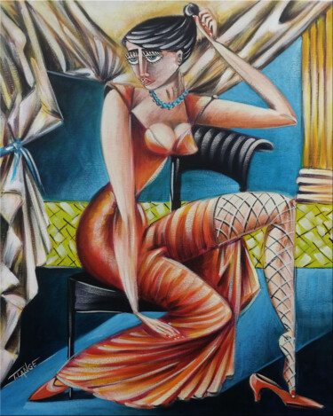 Painting titled "Woman Chillout #M227" by Thomas Lange, Original Artwork, Oil Mounted on Wood Stretcher frame