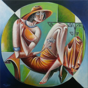 Painting titled "Woman Chillout #M228" by Thomas Lange, Original Artwork, Oil Mounted on Wood Stretcher frame