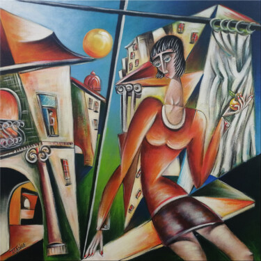Painting titled "Woman Chillout #M230" by Thomas Lange, Original Artwork, Oil Mounted on Wood Stretcher frame