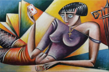Painting titled "Woman Chillout #M231" by Thomas Lange, Original Artwork, Oil Mounted on Wood Stretcher frame