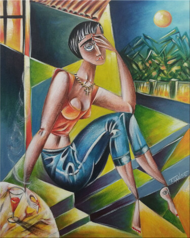 Painting titled "Woman Chillout #M232" by Thomas Lange, Original Artwork, Oil Mounted on Wood Stretcher frame