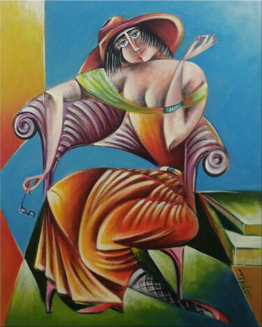 Painting titled "Woman Chillout #M238" by Thomas Lange, Original Artwork, Oil Mounted on Wood Stretcher frame