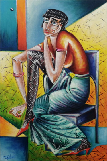 Painting titled "Woman Chillout #M248" by Thomas Lange, Original Artwork, Oil Mounted on Wood Stretcher frame