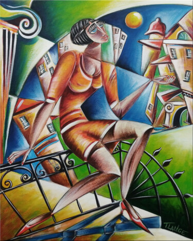 Painting titled "Woman Chillout #M250" by Thomas Lange, Original Artwork, Oil Mounted on Wood Stretcher frame