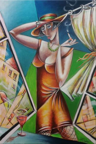Painting titled "Woman Chillout #M252" by Thomas Lange, Original Artwork, Oil Mounted on Wood Stretcher frame
