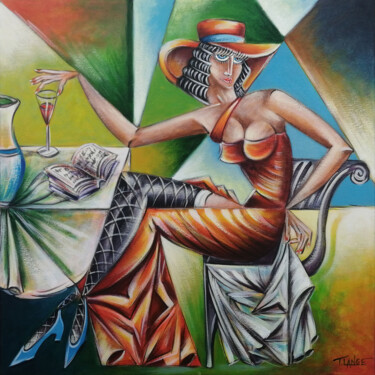 Painting titled "Woman Chillout #M253" by Thomas Lange, Original Artwork, Oil Mounted on Wood Stretcher frame