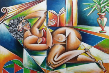 Painting titled "Woman Chillout #M254" by Thomas Lange, Original Artwork, Oil Mounted on Wood Stretcher frame