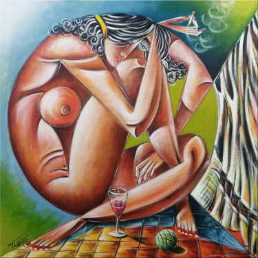 Painting titled "Woman Chillout #M255" by Thomas Lange, Original Artwork, Oil Mounted on Wood Stretcher frame