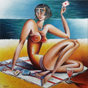 Painting titled "Woman Chillout #M256" by Thomas Lange, Original Artwork, Oil Mounted on Wood Stretcher frame