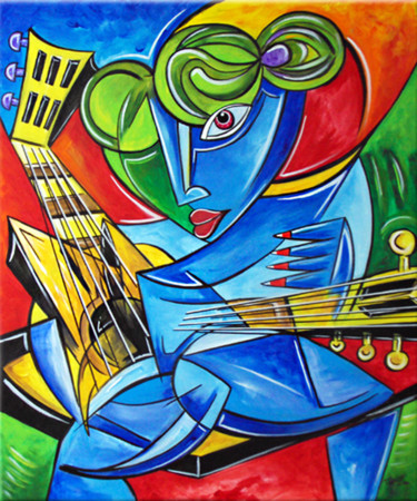 Painting titled "Guitarist Woman - M…" by Thomas Lange, Original Artwork, Acrylic
