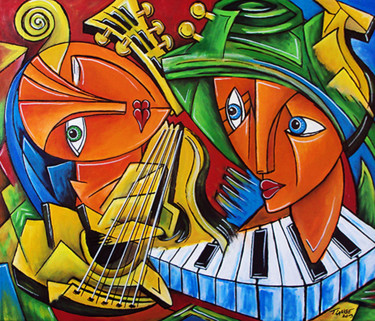 Schilderij getiteld "Muzyczny duet" door Thomas Lange, Origineel Kunstwerk, Acryl