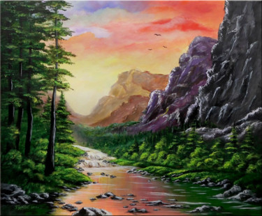 Peinture intitulée "Mountain River" par Thomas Lange, Œuvre d'art originale, Huile