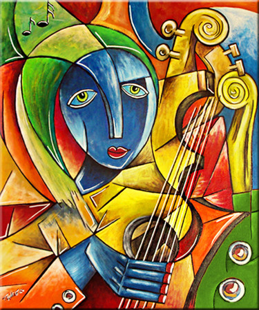 Schilderij getiteld "Guitarist Woman" door Thomas Lange, Origineel Kunstwerk, Olie