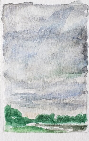 Painting titled "Paysage nuageux" by Thomas Rodet, Original Artwork, Watercolor