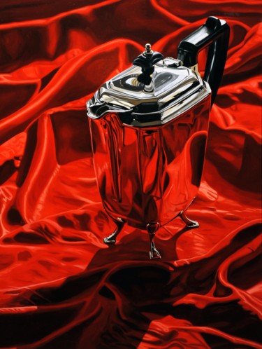 Malerei mit dem Titel "Kanne auf rotem Tuc…" von Thomas Kaemmerer, Original-Kunstwerk