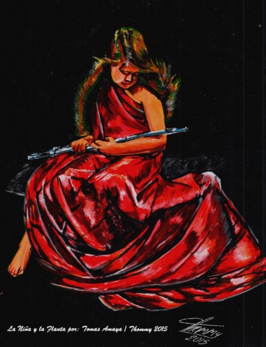 Pintura intitulada "La niña y la flauta" por Thommy, Obras de arte originais, Têmpera