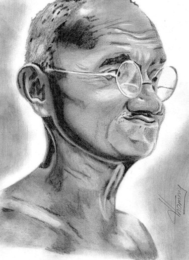 Rysunek zatytułowany „Mahatma Gandhi” autorstwa Thommy, Oryginalna praca, Grafit