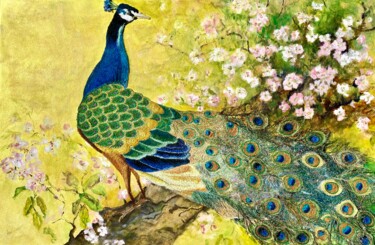 Painting titled "Peacock Majesty" by Ann Dunbar, Original Artwork, Watercolor Mounted on Wood Stretcher frame