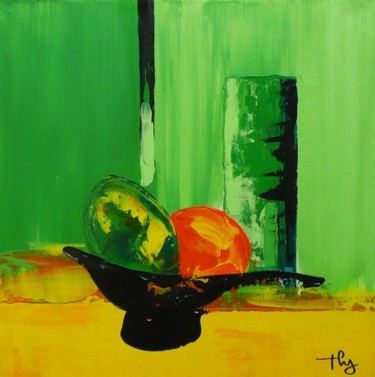 Peinture intitulée "fruits sur fond vert" par Thyga, Œuvre d'art originale