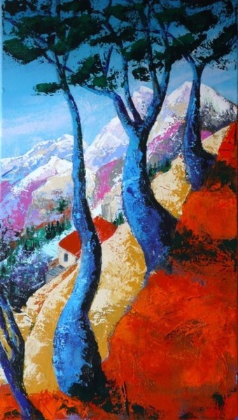 Peinture intitulée "les pins bleus" par Thyga, Œuvre d'art originale