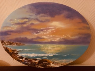 Painting titled "Закат на море" by Tatiana Fateeva, Original Artwork, Oil Mounted on Wood Stretcher frame