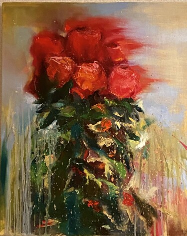 Картина под названием "Красные розы" - Tatiana Fateeva, Подлинное произведение искусства, Масло Установлен на Деревянная пан…