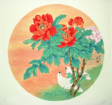 Painting titled "红霞祥和" by Tian Xi Feng, Original Artwork, Oil