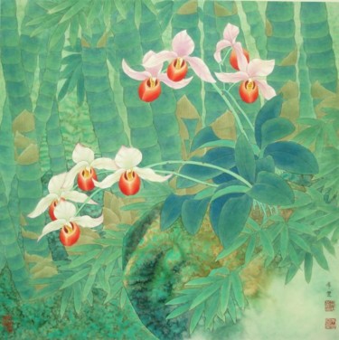 Painting titled "竹林清幽" by Tian Xi Feng, Original Artwork, Oil