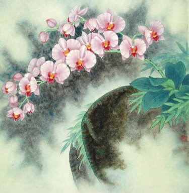 Painting titled "雾中蝶舞" by Tian Xi Feng, Original Artwork, Oil