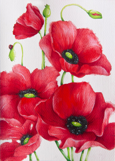 Картина под названием "Poppies" - Tanya Azarchik, Подлинное произведение искусства, Акварель