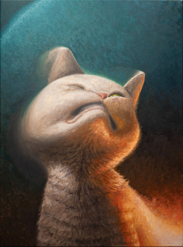 「Crooked cat 3」というタイトルの絵画 Tiberius Simionによって, オリジナルのアートワーク, オイル ウッドストレッチャーフレームにマウント