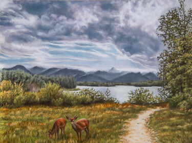 Malerei mit dem Titel "Deers on a meadow" von Tibor Horvath, Original-Kunstwerk, Öl