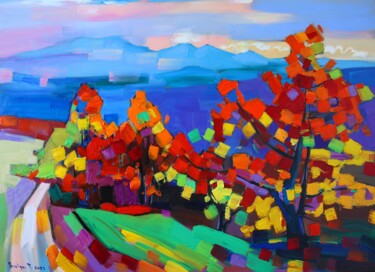 Painting titled "Autumn landscape or…" by Tigran Avetyan, Original Artwork, Oil Mounted on Wood Stretcher frame